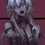  1girl bare_shoulders chain clip_studio_paint_(medium) collar collarbone commentary_request elbow_gloves fate/grand_order fate_(series) fur_trim gloves highres jeanne_d&#039;arc_(alter)_(fate) jeanne_d&#039;arc_(fate) looking_at_viewer open_mouth pale_skin solo teeth tongue unknown0791 white_hair yellow_eyes 