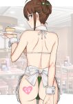  1girl :o akizuki_ritsuko apron ass backboob bare_shoulders bikini blush breasts brown_eyes brown_hair cake cake_slice food glasses green_bikini hair_ornament hair_up hairclip highres horns idolmaster idolmaster_(classic) looking_back shoulder_blades side-tie_bikini sidelocks skin-covered_horns solo swimsuit tray tsurui waitress wedgie wrist_cuffs 