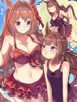  2girls alternate_breast_size animal_ears bikini breast_envy breasts brown_hair cleavage closed_eyes collarbone commentary_request daiwa_scarlet_(umamusume) hair_ornament highres horse_ears horse_girl large_breasts long_hair multiple_girls navel pout purple_eyes red_eyes ryuhirohumi sweep_tosho_(umamusume) swimsuit umamusume 