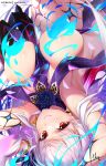  1girl armpits arms_behind_head arms_up bangs bare_shoulders blue_fire blue_hair blush body_markings bracelet breasts earrings fate/grand_order fate_(series) fire flower hair_flower hair_ornament hair_ribbon highres hong_(white_spider) jewelry kama_(fate) kama_(swimsuit_avenger)_(fate) large_breasts long_hair looking_at_viewer lotus multicolored_hair red_eyes revealing_clothes ribbon silver_hair smile solo star_(symbol) star_earrings thighs two-tone_hair upside-down 