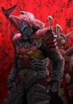  2boys another_kabuto_(zi-o) another_rider_(zi-o) armor back-to-back beetle bug commentary_request creature grasshopper helmet japanese_armor kabuto kamen_rider kamen_rider_punch_hopper kamen_rider_zi-o_(series) monster multiple_boys red_armor red_background rhinoceros_beetle shinpei_(shimpay) 