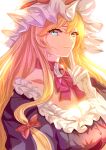  1girl bangs blonde_hair blue_eyes bow bowtie breasts closed_mouth dress elbow_gloves eyebrows_visible_through_hair gem gloves hair_between_eyes hair_bow hand_up hat hat_bow heterochromia jan_(lightdragoon) jewelry light long_hair looking_at_viewer medium_breasts mob_cap pink_bow pink_bowtie pointing puffy_short_sleeves puffy_sleeves purple_dress red_bow shadow short_sleeves simple_background smile solo touhou upper_body white_background white_gloves white_headwear yakumo_yukari yellow_eyes 