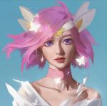  1girl ahoge blue_background choker collarbone commentary_request earrings jewelry league_of_legends lux_(league_of_legends) pink_choker pink_hair purple_eyes short_hair solo star_(symbol) star_guardian_(league_of_legends) star_guardian_lux xiaoxiao_(ghost_husband) 