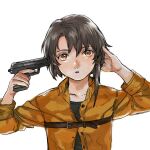  1girl 203wolves asymmetrical_hair belt brown_eyes brown_hair collarbone commentary gun gun_to_head hair_ornament hairclip iwakura_lain looking_at_viewer open_mouth serial_experiments_lain short_hair simple_background solo weapon white_background x_hair_ornament 