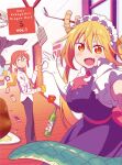  2girls :d absurdres collared_shirt copyright_name dot_nose dragon_tail eyebrows_visible_through_hair fang gradient_hair heart heart_hands highres horns indoors kobayashi-san_chi_no_maidragon kobayashi_(maidragon) looking_at_viewer maid multicolored_hair multiple_girls official_art open_mouth orange_hair perspective red_eyes red_hair shirt slit_pupils smile tail tohru_(maidragon) vanishing_point 