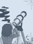  1girl blazer day facing_away foliage from_behind hamsterfragment hands_up jacket jaggy_line long_sleeves medium_hair monochrome original outdoors school_uniform self-mutilation smoke solo suicidal_girl_(hamsterfragment) sun sungazing telescope upper_body 