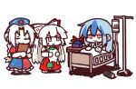  3girls bed blanket blue_hair bow braid can clipboard commentary concha_(mamecha) cross drinking fujiwara_no_mokou hair_bow hat hat_removed headwear_removed highres jitome kamishirasawa_keine kamishirasawa_keine_(hakutaku) long_hair monster_energy multicolored_hair multiple_girls nurse_cap red_bow red_eyes silver_hair simple_background smile sukusuku_hakutaku suspenders touhou two-tone_hair white_background yagokoro_eirin 