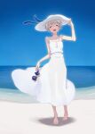  1girl :d aya_shachou barefoot blue_sky closed_eyes day dress facing_viewer flat_chest full_body grey_hair hand_on_headwear hand_up happy hat holding holding_clothes holding_footwear horizon kantai_collection ocean open_mouth outdoors sandals sandals_removed see-through_silhouette sky smile solo sun_hat sundress white_dress white_headwear z1_leberecht_maass_(kancolle) 