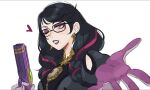  1girl absurdres bayonetta bayonetta_(series) bayonetta_3 braid eyeshadow glasses gun highres kiana_mai looking_at_viewer makeup mole mole_under_mouth simple_background smile solo twin_braids weapon 