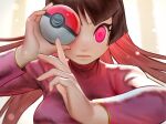  1girl bangs close-up closed_mouth covering_one_eye expressionless eye_focus eyelashes highres lips long_hair looking_at_viewer poke_ball poke_ball_(basic) pokemon pokemon_(game) pokemon_frlg poritive red_eyes sabrina_(pokemon) solo upper_body wide-eyed 