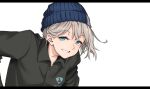  1girl aoba_moca aya_shachou bang_dream! beanie black_shirt blue_eyes collared_shirt commentary grey_hair grin hat leaning_forward letterboxed looking_at_viewer shirt short_hair simple_background smile solo upper_body white_background wing_collar 