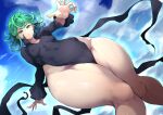  1girl black_dress blue_sky breasts cameltoe cloud cloudy_sky collared_dress covered_navel covered_nipples curly_hair dress esper flipped_hair floating glowing green_eyes green_hair knees legs levitation looking_at_viewer navel no_panties nuezou one-punch_man open_mouth parted_lips short_hair side_slit sky small_breasts solo tatsumaki telekinesis thick_thighs thighs tight tight_dress wide_hips wide_sleeves 