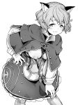  1girl animal_ear_fluff animal_ears aya_shachou blush capelet character_request closed_mouth copyright_request covered_nipples greyscale hand_on_hip leaning_forward long_sleeves looking_at_viewer monochrome pantyhose simple_background skirt smile solo white_background 