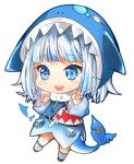  1girl :d animal_hood bangs blue_eyes blue_hair blue_hoodie blue_legwear chibi claw_pose commentary eyebrows_visible_through_hair fish_tail full_body gawr_gura hands_up hololive hololive_english hood hood_up hoodie long_sleeves mintchoco_(orange_shabette) multicolored_hair open_mouth shark_hood shark_tail sharp_teeth shoes silver_hair simple_background smile socks solo streaked_hair tail teeth virtual_youtuber white_background white_footwear wide_sleeves 