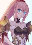  1girl absurdres armor blue_eyes braid commentary_request curious french_braid hand_on_hip highres looking_at_viewer parted_lips pink_hair ponytail sefira shionne_(tales) shoulder_armor simple_background solo tales_of_(series) tales_of_arise upper_body white_background 