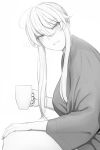  1girl artoria_pendragon_(fate) artoria_pendragon_(lancer)_(fate) bangs commentary cup english_commentary fate/grand_order fate_(series) greyscale hair_between_eyes heart highres holding holding_cup lvl_(sentrythe2310) monochrome mug sidelocks smile solo swept_bangs upper_body 