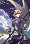  1girl armor artist_name ayrshine blonde_hair braid braided_ponytail breasts capelet chain dark_sky expressionless fate/apocrypha fate_(series) gauntlets headphones highres jeanne_d&#039;arc_(fate) jeanne_d&#039;arc_(fate/apocrypha) long_hair looking_at_viewer low_ponytail medium_breasts polearm purple_eyes purple_ribbon ribbon sheath sheathed solo standard_bearer star_(sky) sword weapon 