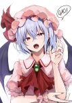  1girl bat_wings blue_hair commentary_request gao hair_between_eyes hat highres hyurasan looking_at_viewer mob_cap open_mouth pink_headwear red_eyes red_neckwear remilia_scarlet short_hair simple_background solo sound_effects touhou upper_body white_background wings 