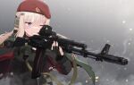  1girl absurdres ak-74m ak74m_(girls&#039;_frontline) assault_rifle bangs beret blood blue_eyes cape clenched_teeth cuts eyebrows_visible_through_hair fingerless_gloves girls&#039;_frontline gloves gun hair_ornament hat highres holding holding_gun holding_weapon injury kalashnikov_rifle light_brown_hair long_hair long_sleeves narynn one_eye_closed red_headwear rifle snowflake_hair_ornament solo steam teeth torn_cape torn_clothes upper_body weapon 