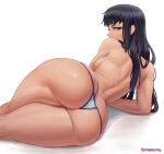  1girl artist_name ass ass_focus back black_hair blue_eyes blue_panties breasts butt_crack english_commentary from_behind highres kill_la_kill kiryuuin_satsuki kneepits legs_together long_hair looking_at_viewer looking_back lying medium_breasts narrow_waist on_side panties sideboob skindentation solo spaghetti_strap superbusty thick_thighs thighs thong topless two-tone_panties underwear white_background white_panties wide_hips 