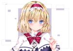  1girl alice_margatroid bangs blonde_hair blue_eyes bow capelet closed_mouth eyebrows_visible_through_hair frilled_hairband frills hairband lolita_hairband looking_at_viewer nanase_nao pink_neckwear red_bow red_hairband red_neckwear short_hair solo touhou upper_body white_capelet 