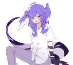  1girl ahoge ameiarts bandaged_arm bandages bangs blue_eyes braid dragon_tail fangs hair_ornament hairclip head_wings heterochromia highres medium_hair nijisanji nijisanji_en open_mouth pants purple_eyes purple_hair purple_pants selen_tatsuki shirt smile solo tail twin_braids v-shaped_eyebrows virtual_youtuber white_shirt 