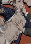  4boys bare_pectorals black_eyes black_hair blue_jacket briefs covering_mouth facial_hair feet_out_of_frame goatee golden_kamuy grabbing hair_slicked_back hair_strand hand_over_another&#039;s_mouth highres imminent_gangbang imperial_japanese_army jacket long_sleeves male_focus male_underwear midomido military military_uniform multiple_boys no_pants ogata_hyakunosuke open_clothes open_jacket pectoral_grab pectorals scar scar_on_cheek scar_on_face short_hair sideburns solo_focus stubble toned toned_male undercut underwear uniform white_male_underwear yaoi 