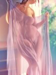  1girl a.x. bed_sheet breasts brown_hair collarbone day head_out_of_frame holding holding_sheet large_breasts long_hair naked_sheet navel nude original see-through solo standing thighs 