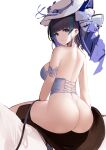  1girl absurdres an_yasuri animal_ears arm_strap ass azur_lane bangs banned_artist bare_shoulders black_hair blue_eyes blue_hair blunt_bangs bottomless breasts bustier cat_ears cheshire_(azur_lane) cheshire_(the_cat_and_the_white_steed)_(azur_lane) closed_mouth from_behind hair_ornament hat highres horse large_breasts looking_at_viewer looking_back multicolored_hair official_alternate_costume saddle sideboob simple_background sitting smile solo streaked_hair sun_hat two-tone_hair underwear underwear_only white_background white_headwear 