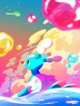  blurry brionne bubble eyelashes from_below green_eyes highres jacknaiff no_humans open_mouth outdoors pink_pupils pokemon pokemon_(creature) sky water 