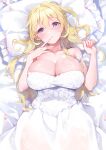  1girl bed_sheet blonde_hair blue_eyes blush breasts cleavage dress heart heart-shaped_pupils highres kanola_u large_breasts long_hair looking_at_viewer lying on_back open_mouth original petals pillow solo symbol-shaped_pupils wedding_dress white_dress white_theme 