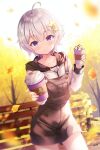  1girl autumn bangs bench blush commentary_request eyebrows_visible_through_hair food glasses hair_ornament highres hood hoodie ice_cream leaf long_sleeves looking_at_viewer original purple_eyes short_hair simple_background solo tougetsu_hajime whipped_cream white_hair 