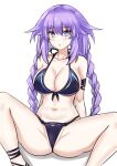  1girl armlet bikini black_bikini black_footwear blue_eyes blush braid breasts choujigen_game_neptune cleavage halter_top halterneck highres large_breasts long_hair looking_at_viewer navel neptune_(series) purple_hair purple_heart simple_background sitting solo spread_legs swimsuit twin_braids white_background zatsu 