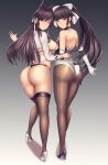  2girls absurdres ass atago_(azur_lane) atago_(stunning_speedster)_(azur_lane) azur_lane bikini black_background black_footwear black_hair black_legwear bow breasts brown_eyes closed_mouth commentary_request elbow_gloves extra_ears eyebrows_visible_through_hair from_behind full_body gloves gradient gradient_background grey_background hair_flaps high_heels highres large_breasts leotard lips long_hair looking_at_viewer looking_back multicolored_leotard multiple_girls official_alternate_costume one_eye_closed pantyhose parted_lips ponytail race_queen rakuri_(rwrn5475) revision ribbon shrug_(clothing) standing strapless strapless_leotard swimsuit takao_(azur_lane) takao_(full_throttle_charmer)_(azur_lane) thighhighs thong_bikini two-tone_bikini two-tone_leotard very_long_hair white_bow white_footwear white_gloves white_ribbon wrist_cuffs 