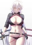  1girl absurdres ahoge bangs bikini black_bikini black_gloves black_jacket breasts choker cleavage cropped_jacket fate/grand_order fate_(series) gloves highres jacket jeanne_d&#039;arc_(alter_swimsuit_berserker)_(fate) jeanne_d&#039;arc_(fate) katana large_breasts long_hair long_sleeves looking_at_viewer md5_mismatch navel o-ring o-ring_bikini okuma707 sheath shrug_(clothing) silver_hair smile solo swimsuit sword thigh_strap thighs very_long_hair weapon yellow_eyes 