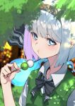  1girl absurdres aqua_eyes bangs black_bow black_bowtie black_hairband blue_eyes bow bowtie branch collared_shirt commentary dango eating eyebrows_visible_through_hair food green_skirt green_sweater_vest hair_between_eyes hair_bow hairband highres jnakamura1182 konpaku_youmu konpaku_youmu_(ghost) looking_at_viewer looking_to_the_side open_mouth shirt short_hair short_sleeves skirt solo standing sweater_vest touhou vest wagashi weapon white_shirt 