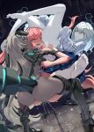  3girls ass azur_lane black_footwear boots breasts chain cleavage colored_skin commission dark-skinned_female dark_skin gangbang grey_hair group_sex highres large_breasts monobe_yuri multiple_girls no_shoes perseus_(azur_lane) pink_eyes pink_hair siren_(azur_lane) siren_compiler_(azur_lane) skeb_commission soles tribadism very_long_sleeves white_hair white_skin yellow_eyes yuri 