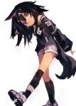  1girl absurdres animal_ear_fluff animal_ears bare_shoulders black_hair black_jacket black_legwear bright_pupils brown_eyes closed_mouth fox_ears fox_tail hair_between_eyes highres jacket kaamin_(mariarose753) kneehighs long_hair long_sleeves looking_at_viewer messy_hair off_shoulder original outstretched_arms shoes shorts simple_background sneakers solo tail walking white_background white_footwear white_pupils white_shorts 