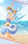  1girl :d arm_up armpits barefoot beach blue_bow blue_eyes blue_hair blue_nails blue_sky blush bow breasts cirno commentary_request dark-skinned_female dark_skin day flower frills hair_bow hat highres ice ice_wings looking_at_viewer midriff nail_polish navel ocean open_mouth outdoors red_neckwear red_ribbon ribbon sefushi skirt sky small_breasts smile solo straw_hat sunflower tanned_cirno touhou v v-shaped_eyebrows wings 