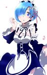  1girl apron blue_eyes blue_hair breasts cleavage commentary_request cowboy_shot detached_sleeves eyebrows_behind_hair hair_over_one_eye large_breasts maid maid_headdress re:zero_kara_hajimeru_isekai_seikatsu rem_(re:zero) roswaal_mansion_maid_uniform short_hair solo underbust waist_apron wide_sleeves yuubi 