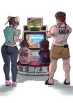  2boys 2girls 6maker absurdres arcade_cabinet ass astro_city bench black_hair brown_hair bun_cover casual child chun-li clothes_writing crossed_arms denim double_bun english_commentary family father_and_son headband highres hood hood_down hoodie if_they_mated jeans looking_at_another mature_female meta mother_and_daughter multiple_boys multiple_girls muscular muscular_male pants pink_hoodie playing_games red_headband ryu_(street_fighter) sandals shirt shorts sketch street_fighter street_fighter_ii_(series) t-shirt 