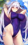  1girl armpits arms_behind_head arms_up bangs bare_shoulders blue_sky blue_swimsuit blush body_markings bracelet breasts cloud covered_navel day earrings eyebrows_visible_through_hair fate/grand_order fate_(series) flower hair_flower hair_ornament hair_ribbon highleg highleg_swimsuit highres jewelry kama_(fate) kama_(swimsuit_avenger)_(fate) large_breasts long_hair looking_at_viewer lotus multicolored_hair one-piece_swimsuit open_mouth outdoors palm_tree purple_hair purple_swimsuit red_eyes ribbon silver_hair sky smile solo star_(symbol) star_earrings sun swimsuit thighs tree two-tone_hair untue 