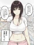  1girl breasts brown_eyes brown_hair cocq_taichou commentary eyebrows_visible_through_hair large_breasts looking_at_viewer medium_breasts midriff mole mole_under_mouth navel original pink_shorts short_sleeves shorts solo speech_bubble translated 