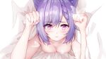  1girl absurdres bed bed_sheet blush braid breasts bug butterfly double_bun genshin_impact hair_bun highres keqing_(genshin_impact) looking_at_viewer lying medium_breasts nude on_bed on_stomach purple_eyes purple_hair re_xiangbin 