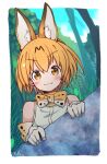  1girl :3 animal_ears bare_shoulders blonde_hair bow bowtie cat_ears cat_girl commentary_request elbow_gloves extra_ears eyebrows_visible_through_hair fang gloves highres kemono_friends looking_at_viewer print_bow print_bowtie print_gloves rakugakiraid serval_(kemono_friends) serval_print shirt short_hair sleeveless solo white_shirt yellow_eyes 
