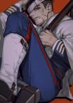  1boy arisaka bandage_over_one_eye black_eyes black_hair blue_jacket blue_pants bolt_action boots cape dirty dirty_face empty_eyes facial_hair foreshortening gaiters goatee golden_kamuy gun hair_slicked_back hair_strand highres holding holding_gun holding_weapon hood hood_down hooded_cape imperial_japanese_army injury jacket long_sleeves looking_at_viewer male_focus midomido military military_uniform ogata_hyakunosuke orange_background pants rifle scar scar_on_cheek scar_on_face short_hair sideburns sitting solo stubble thighs undercut uniform weapon 