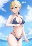  1girl :d absurdres bangs bare_arms bare_shoulders bikini black_bow blonde_hair blue_bikini blue_choker blue_eyes blue_sky blue_swimsuit bow breasts choker cleavage clenched_hand cloud collarbone commentary_request day genshin_impact hair_between_eyes hair_bow halterneck highres jean_(genshin_impact) large_breasts light_blush long_hair looking_at_viewer multiple_straps navel obanana_(ahap7438) ocean open_mouth outdoors ponytail sidelocks sky smile solo standing swimsuit water 