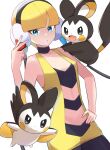  1girl absurdres bangs bare_arms black_choker blonde_hair blue_eyes blunt_bangs choker collarbone commentary elesa_(pokemon) emolga hand_on_hip hand_up highres holding holding_poke_ball lex_suri12 looking_at_viewer nail_polish pantyhose parted_lips pink_nails poke_ball poke_ball_(basic) pokemon pokemon_(creature) pokemon_(game) pokemon_bw pokemon_on_arm short_hair simple_background white_background 