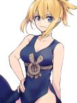  1girl :3 bangs bare_arms blonde_hair blue_dress blue_eyes breasts choker closed_mouth collarbone commentary_request cowboy_shot dr._stone dress eyebrows_visible_through_hair hand_on_hip highres kohaku_(dr._stone) looking_at_viewer maru_(pixiv51714255) ponytail rope_belt smile tied_hair upper_body white_background white_choker 