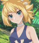  1girl bangs bare_arms blonde_hair blue_dress blue_eyes blush breasts closed_mouth commentary_request dr._stone dress forest frown green_eyes highres kohaku_(dr._stone) looking_at_viewer nature ponytail shiki_(kisikisi1007) solo tree upper_body 